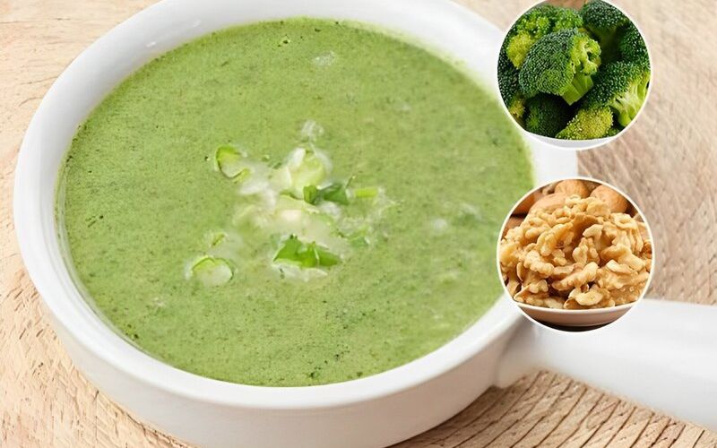 Cháo hạt óc chó cùng bông cải xanh, thịt bằm