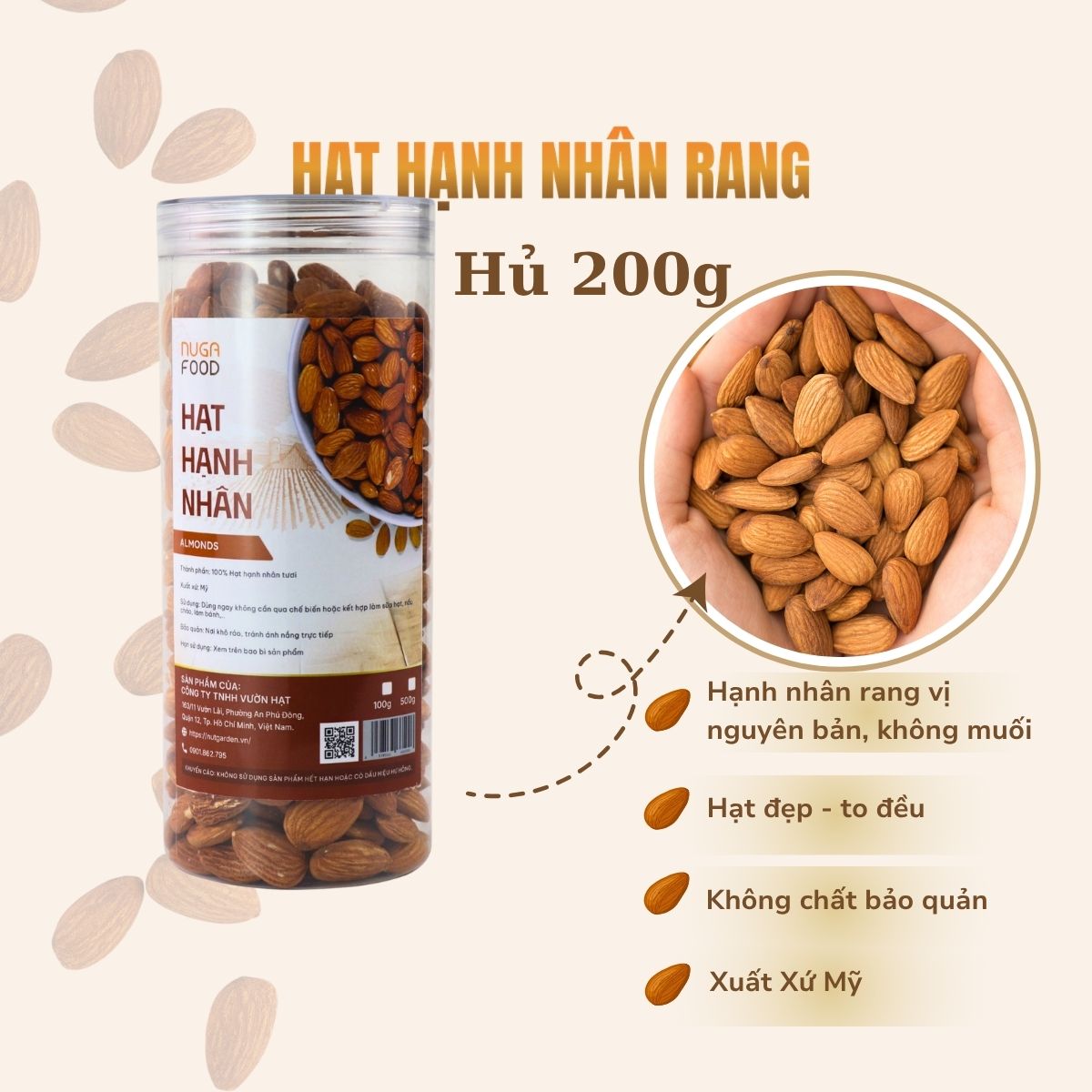 Hạnh Nhân Mỹ Nugafood – Hạt To Đều, Rang Mộc Nguyên Vị, Giàu Vitamin E (Hũ 500g) - Ảnh 3
