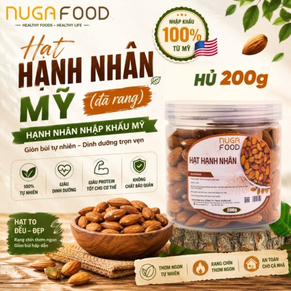 Hạt hạnh nhân sấy chín NUGAFOOD hủ 200g, hạnh nhân Mỹ tách vỏ, nguyên vị, dùng giảm cân