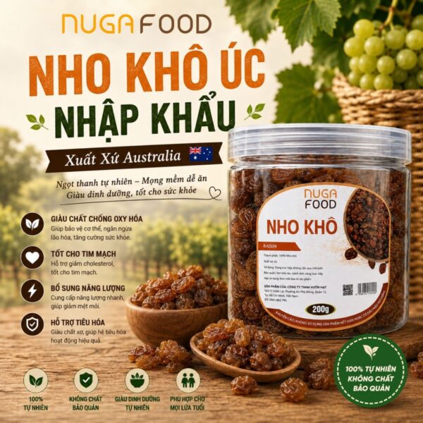 Nho Khô Úc Nugafood, hủ 200g, đồ ăn vặt healthy, ngọt tự nhiên, tốt cho sức khoẻ