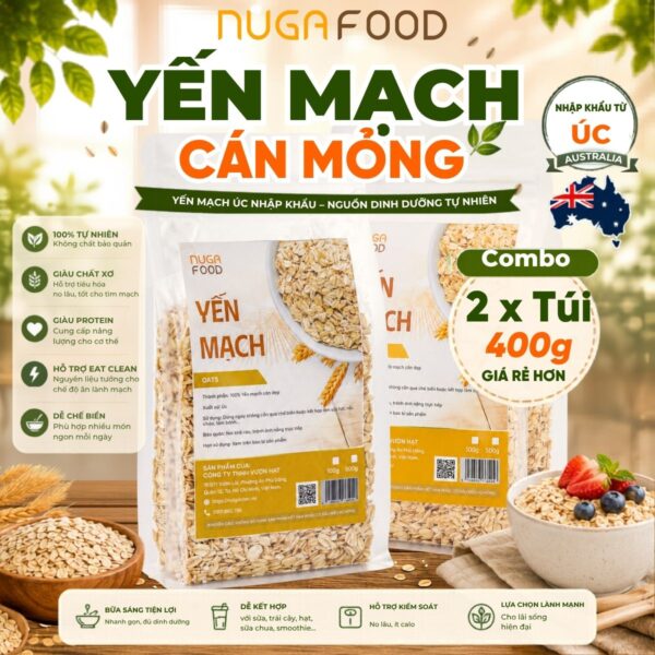 Combo 2 túi 400g hạt yến mạch cán dẹp nhập khẩu Úc NUGAFOOD, làm oatmeal, oatnight ăn kiêng