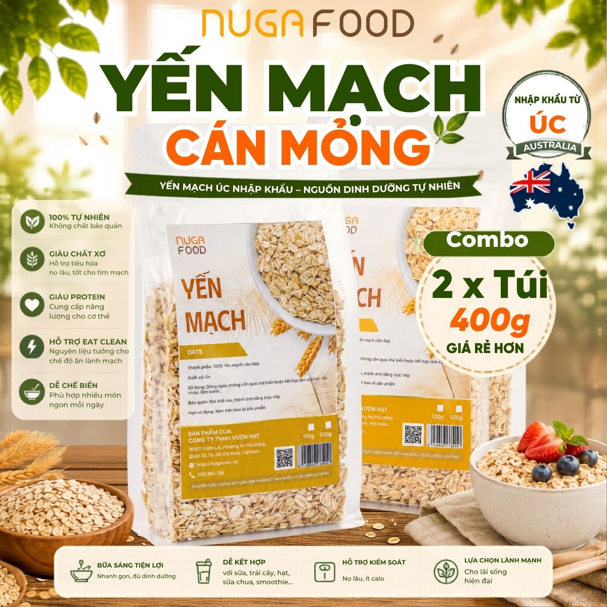 Combo 2 túi 400g hạt yến mạch cán dẹp nhập khẩu Úc NUGAFOOD, làm oatmeal, oatnight ăn kiêng
