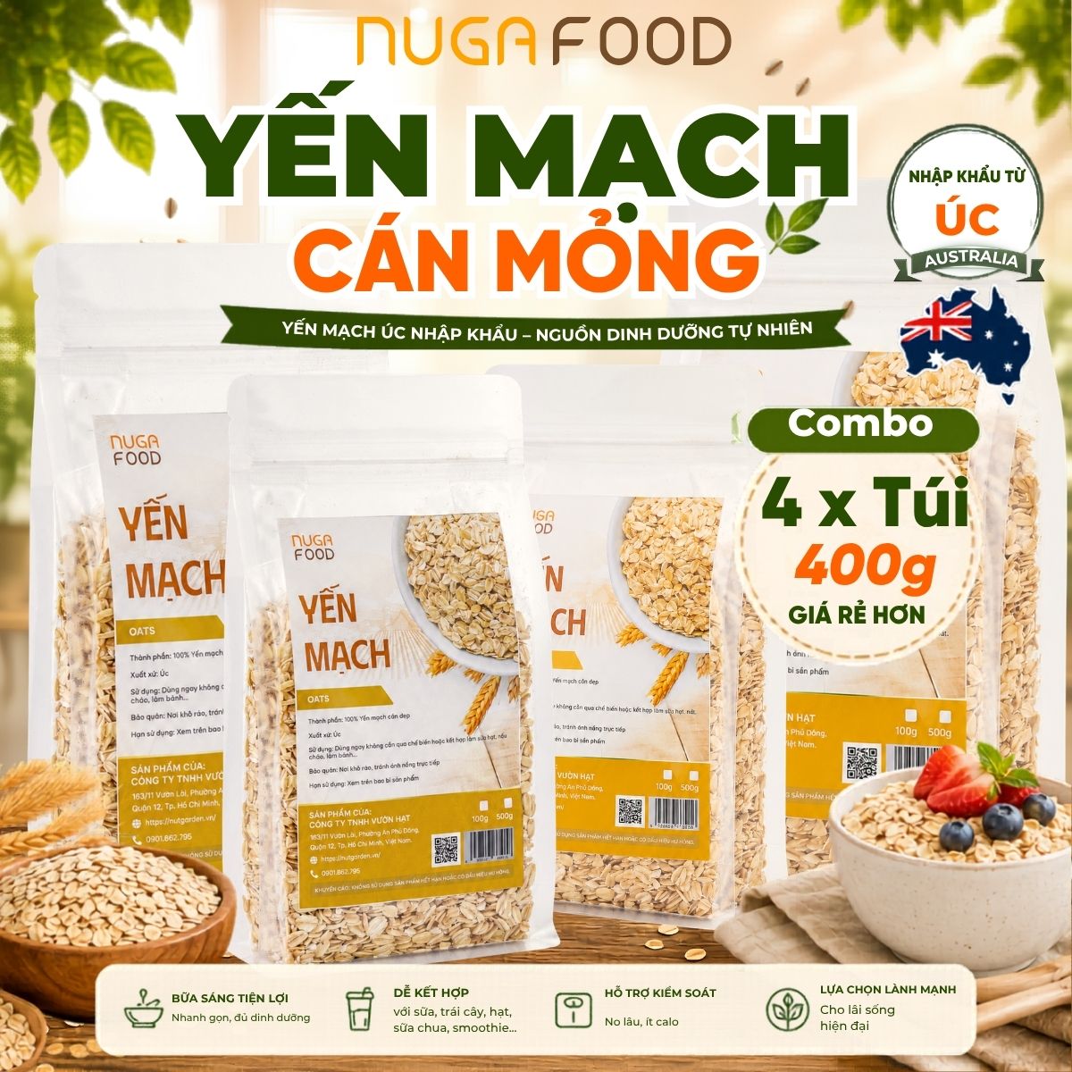 Combo 4 túi 400g yến mạch cán mỏng NUGAFOOD, nhập khẩu Úc ngũ cốc yến mạch giảm cân, ăn kiêng