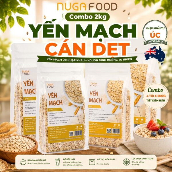 Combo 2kg hạt yến mạch ép dẹt NUGAFOOD, nhập khẩu Úc, làm oatmeal, oatnight ăn kiêng