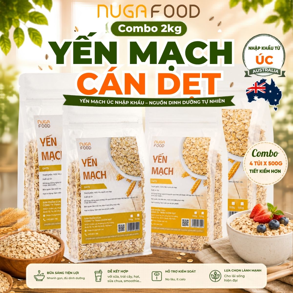 Combo 2kg hạt yến mạch ép dẹt NUGAFOOD, nhập khẩu Úc, làm oatmeal, oatnight ăn kiêng