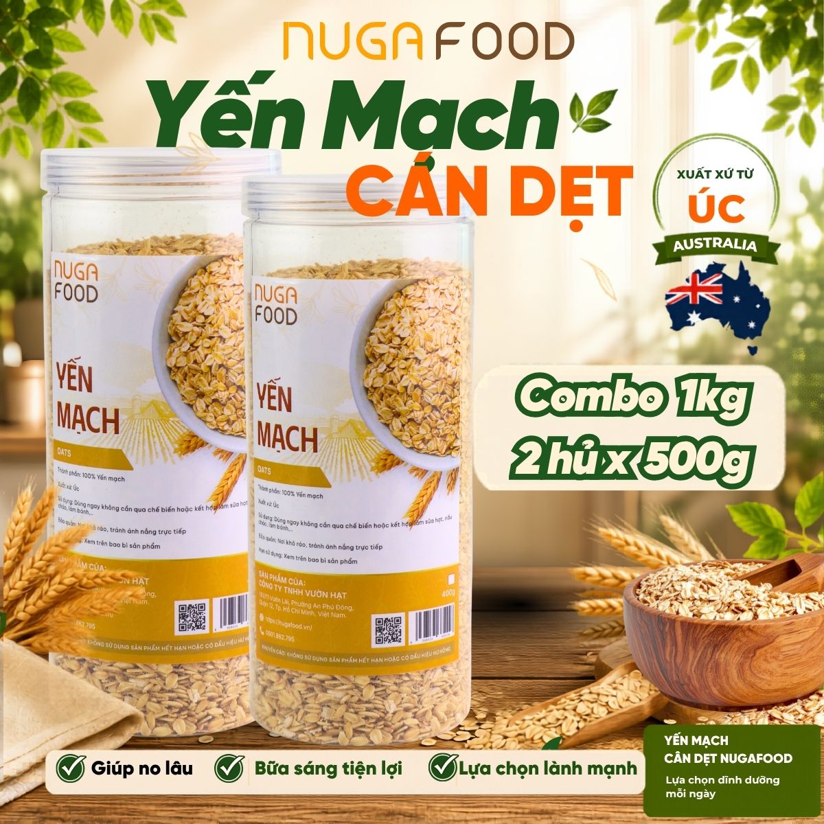 Combo 1kg (2 hủ) yến mạch cán dẹt NUGAFOOD, yến mạch giảm cân, ăn kiêng tiện lợi cho người bận rộn