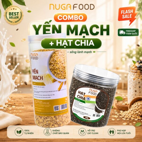 Combo yến mạch hạt chia NUGAFOOD phù hợp chế độ giảm cân, eatclean, hỗ trợ ăn kiêng hủ 500g & 250g