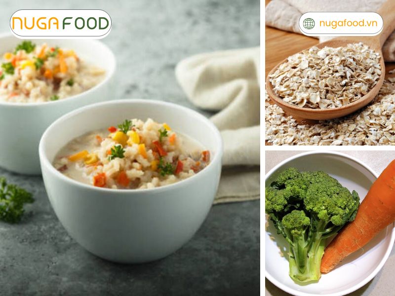 Cháo yến mạch cá hồi, súp lơ xanh và cà rốt cung cấp đa dạng vitamin và khoáng chất