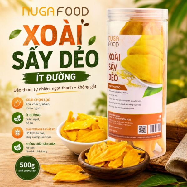 Xoài sấy dẻo ăn vặt healthy Nugafood, hũ 500g, Món snack healthy cho dân văn phòng, gymer