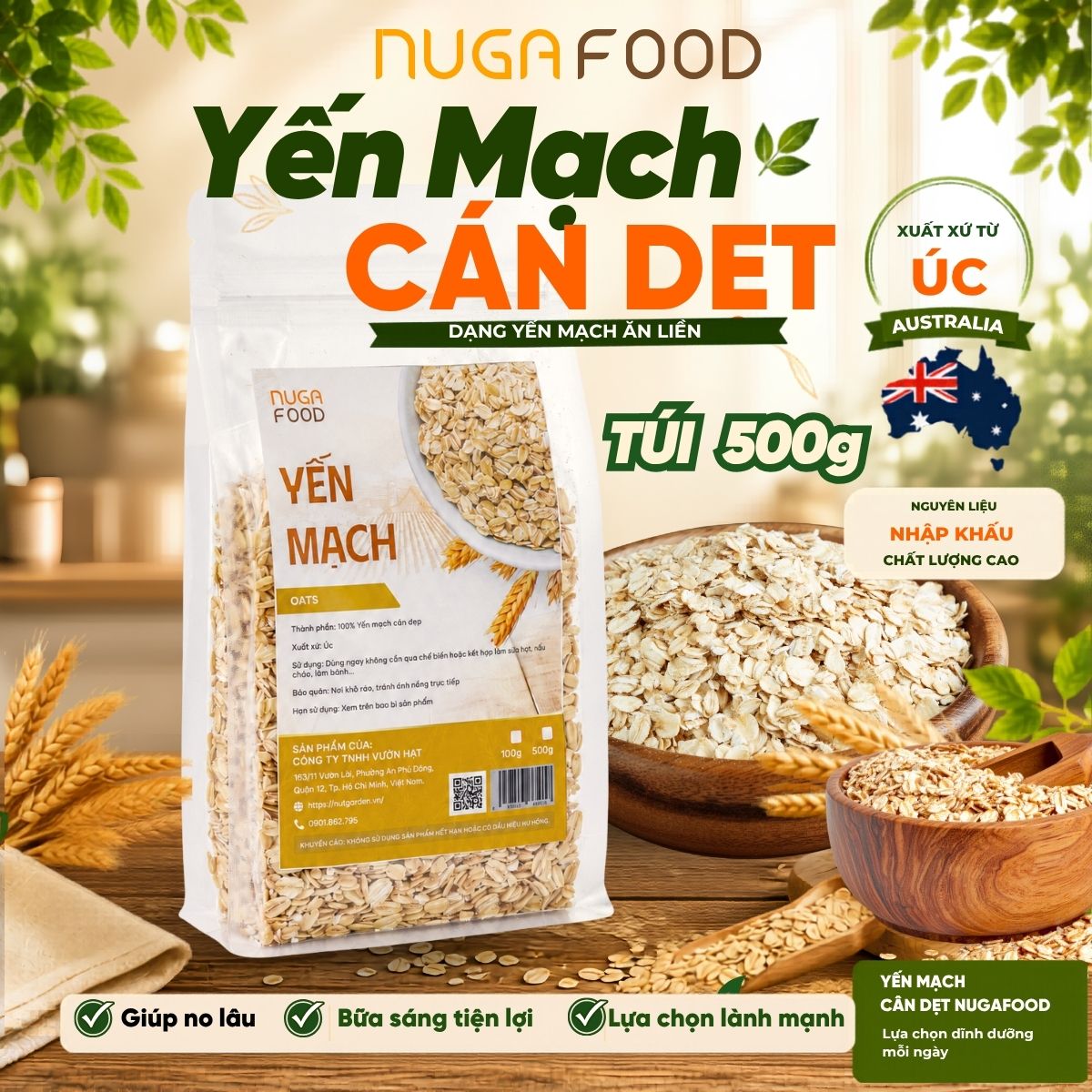 Yến Mạch Cán Dẹp Nugafood – Tinh Bột Chậm Hỗ Trợ Eat Clean & Kiểm Soát Calo (Túi 500g)