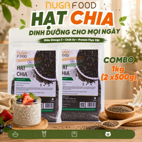 Combo 1kg Hạt Chia Đen Nguyên Chất Nugafood – Giàu Chất Xơ Hỗ Trợ Giảm Cân & Eat Clean (2 Túi x 500g)