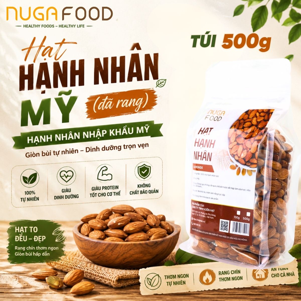 Hạt Hạnh Nhân Mỹ Nugafood – Rang Mộc Nguyên Vị, Hỗ Trợ Chế Độ Eat Clean & Giảm Cân (Túi 500g)