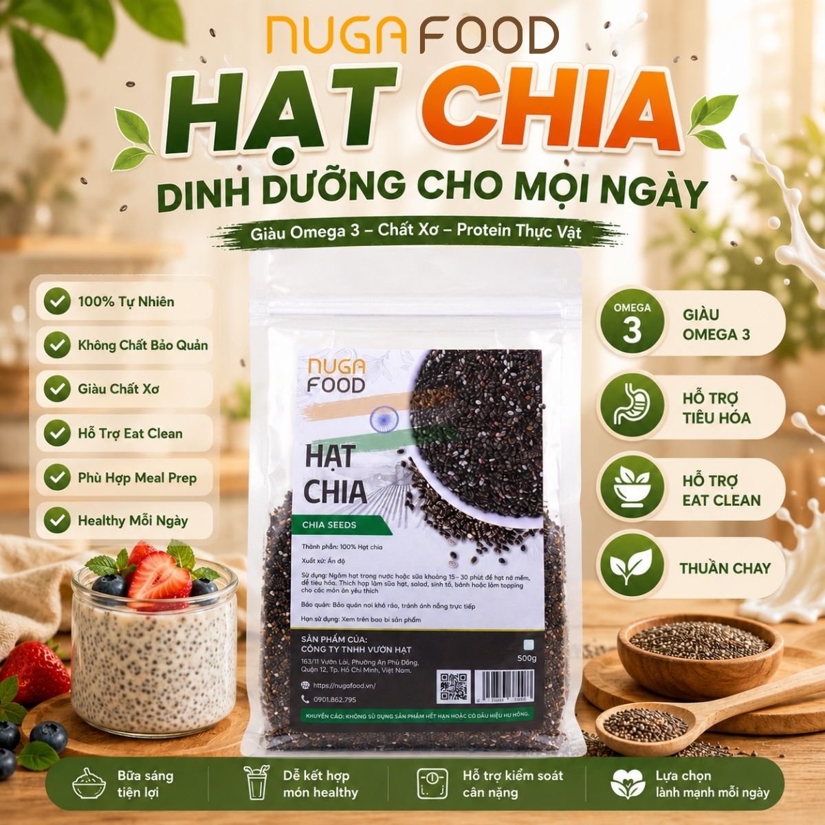 Hạt Chia Đen Nugafood – Nguồn Protein & Chất Xơ Tự Nhiên (Túi 500g)